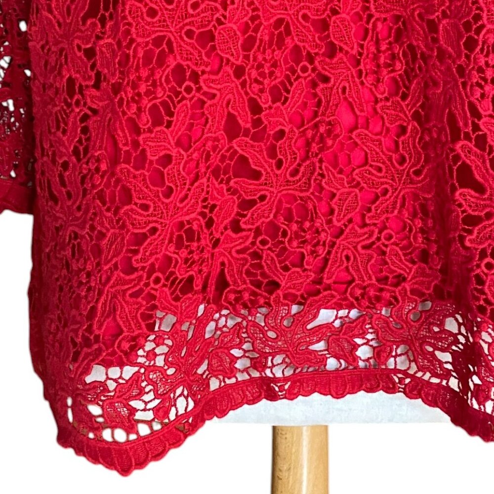 Talbots Red Scroll Floral Lace Overlay Top 3/4 Sleeve Scalloped Whimsigoth-18W - Picture 6 of 15